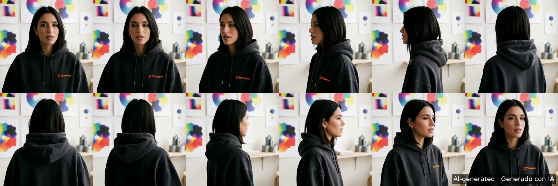 Twelve AI-generated frames of a synthetic woman with black hair in a dark hoodie turning 360° in front of a wall of colour prints: front, profile, back, and front again.
