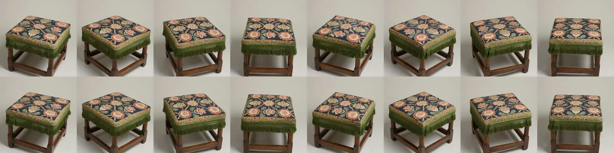 Two rows of eight frames of a wooden stool with a flower-embroidered cushion and green fringe, rotating; the two rows look practically identical.