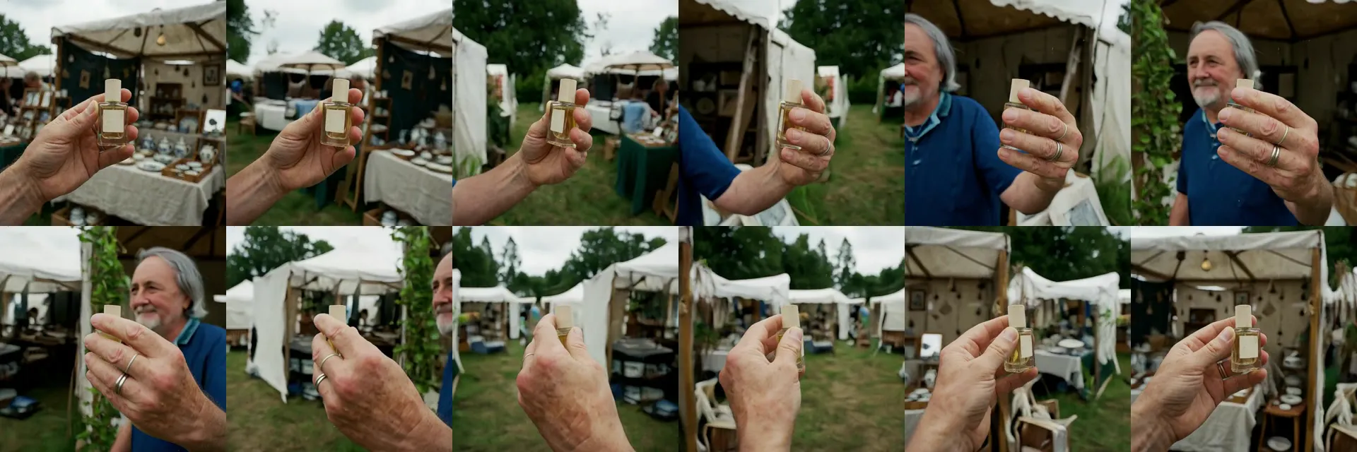 Twelve AI-generated frames of a hand holding a perfume bottle at a market; the background changes to grass and tents and a grey-haired man in a blue polo appears.
