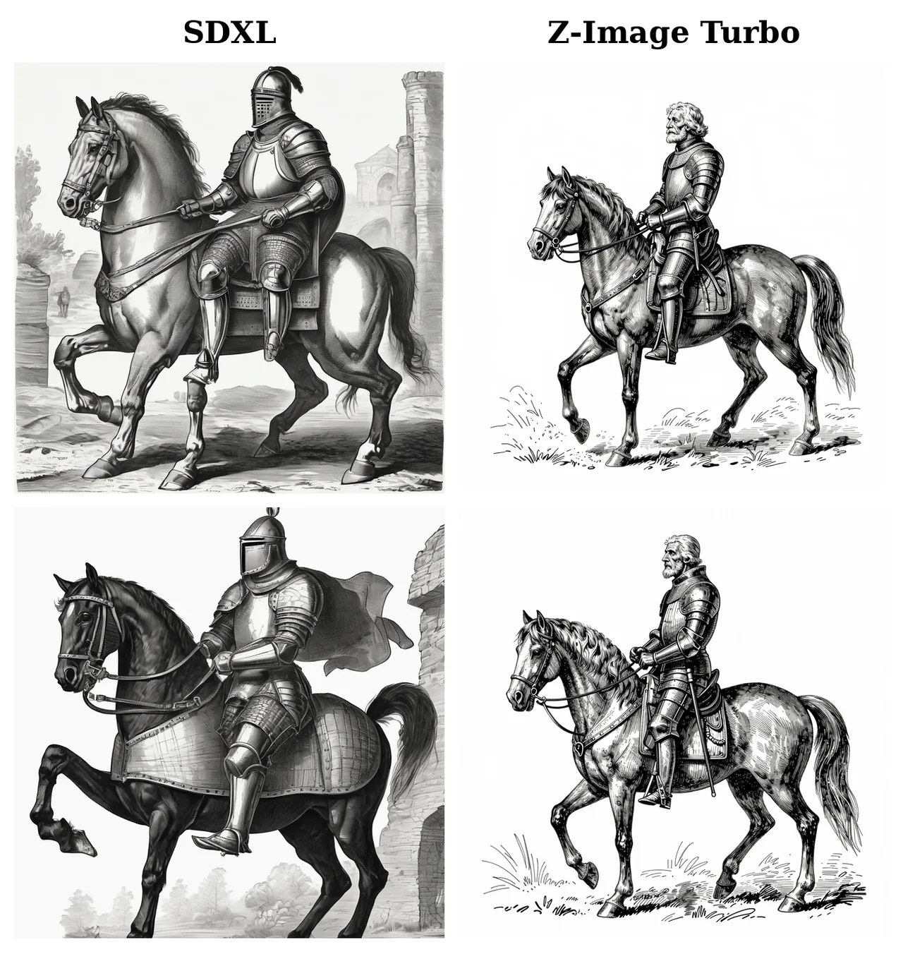 Dos columnas de caballeros a caballo dibujados a tinta con el mismo prompt: SDXL a la izquierda, Z-Image Turbo a la derecha