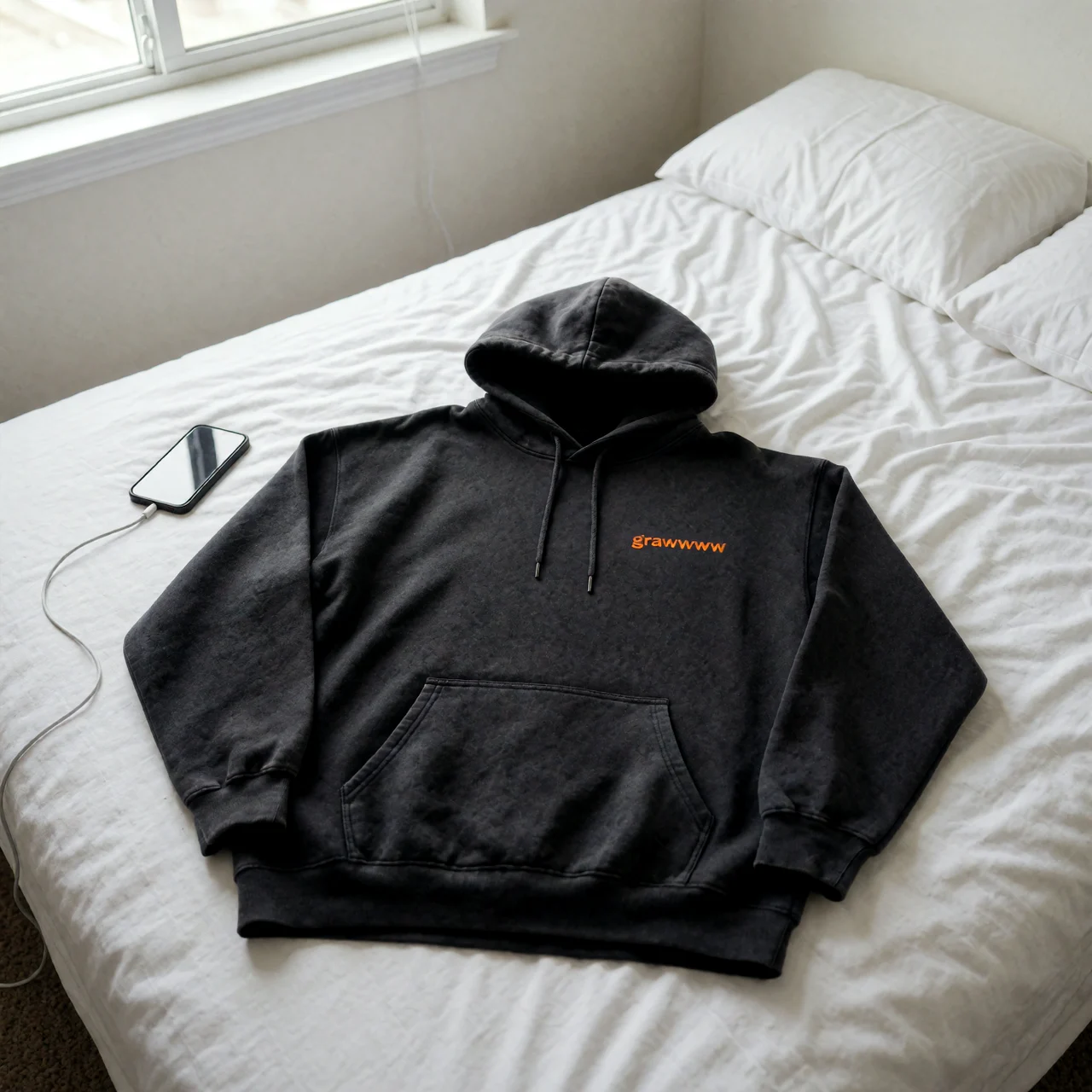 Foto de móvil de la sudadera grawwww sobre una cama sin hacer