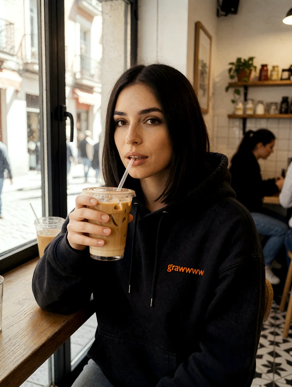 La modelo en una cafetería con un café con hielo y la sudadera grawwww