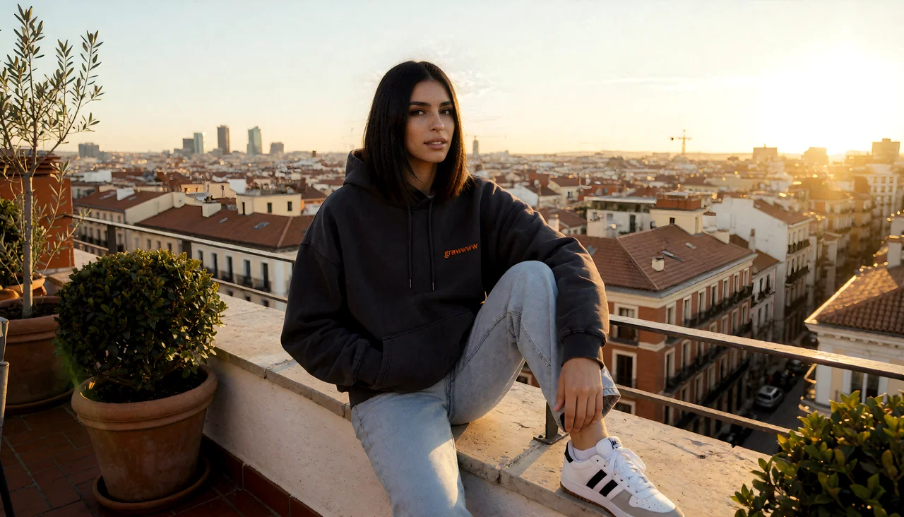La modelo con la sudadera grawwww sentada en una azotea al atardecer, con la ciudad detrás
