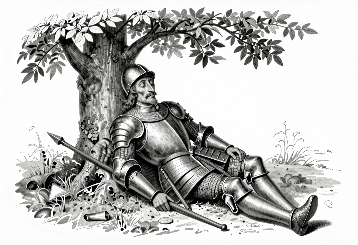 Caballero dormido bajo un árbol con la lanza a su lado