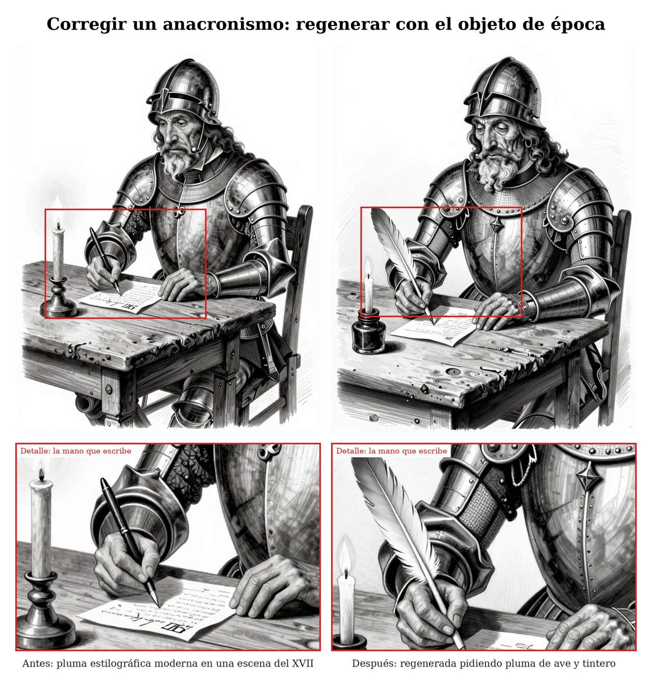 Dos versiones de la escena de la venta: a la izquierda el caballero escribe con una pluma estilográfica moderna, a la derecha con una pluma de ave y un tintero; debajo, ampliación de la mano en cada una