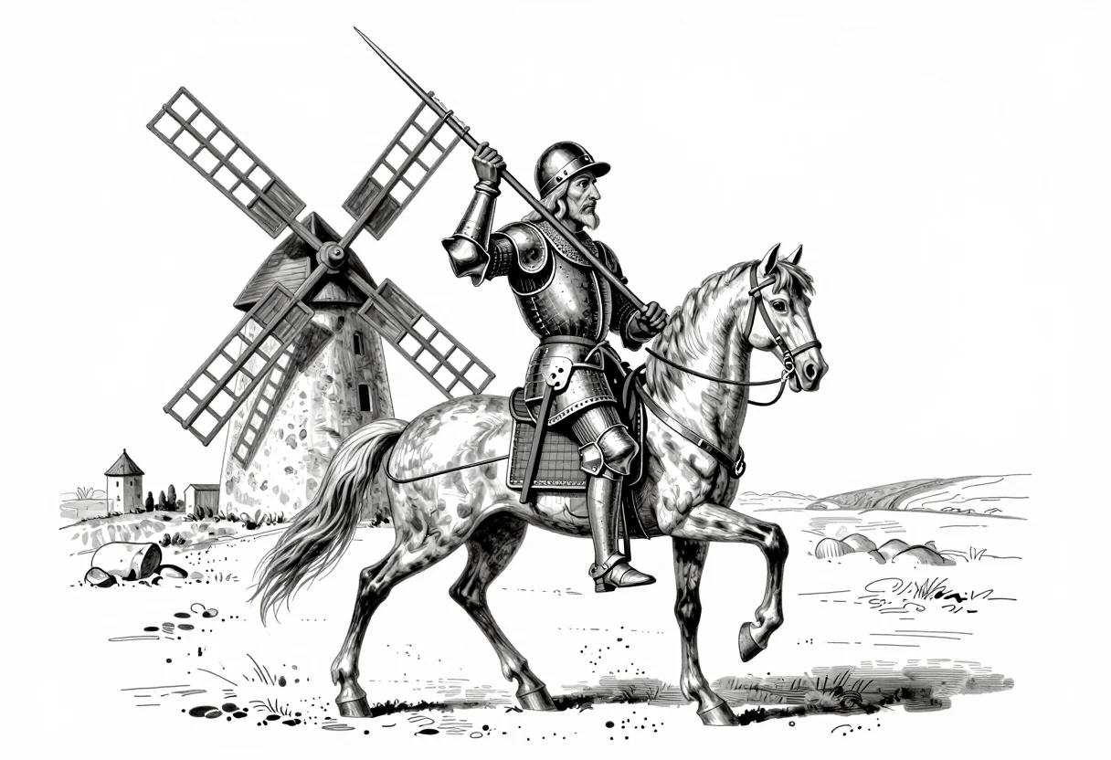 Caballero flaco a caballo cargando con su lanza contra un molino, dibujo a tinta