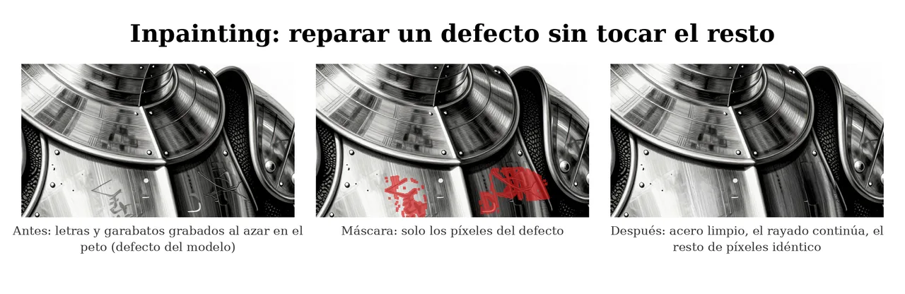 Antes, máscara y después: marcas con forma de letras grabadas en el peto, la máscara roja solo sobre esas marcas, y el acero limpio con el rayado continuo
