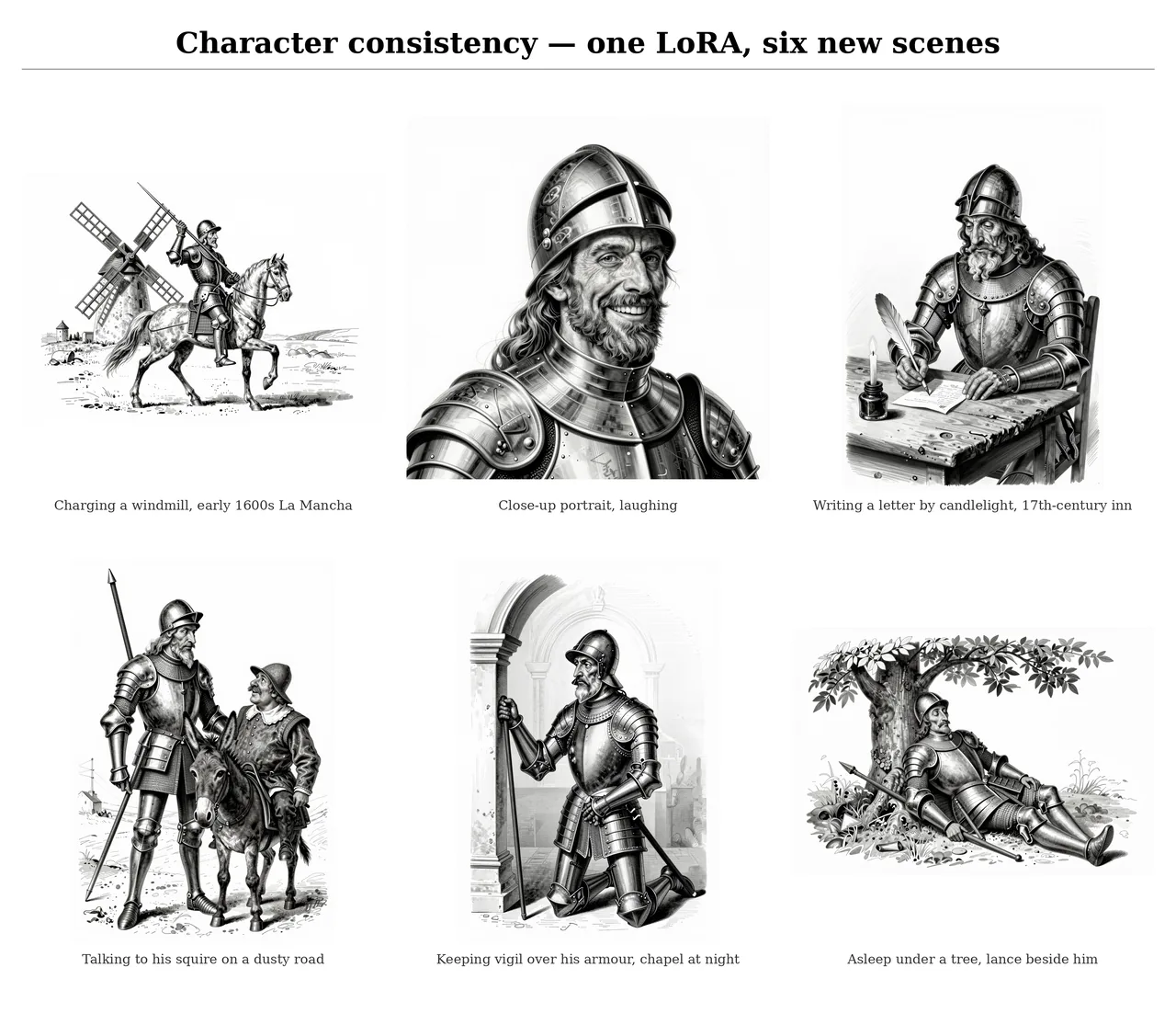 Ink character sheet: the same character in several poses