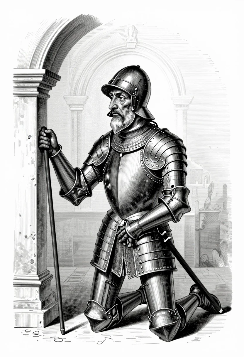 Caballero de rodillas en una capilla velando sus armas de noche