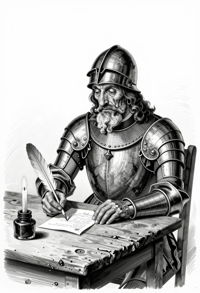 Caballero sentado a una mesa de madera escribiendo una carta a la luz de una vela, en una venta