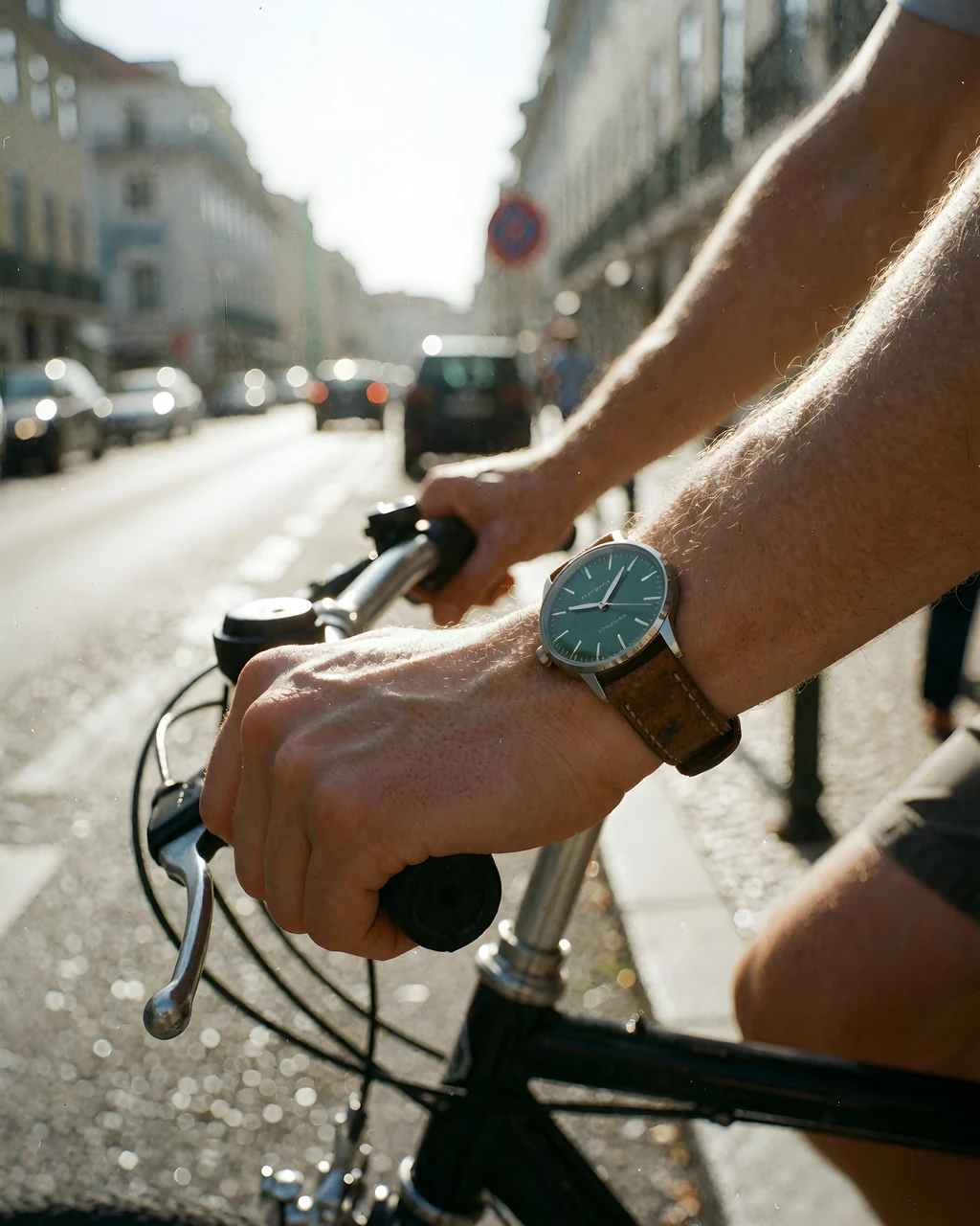 Reloj de esfera verde en la muñeca, en bici por una calle de Lisboa