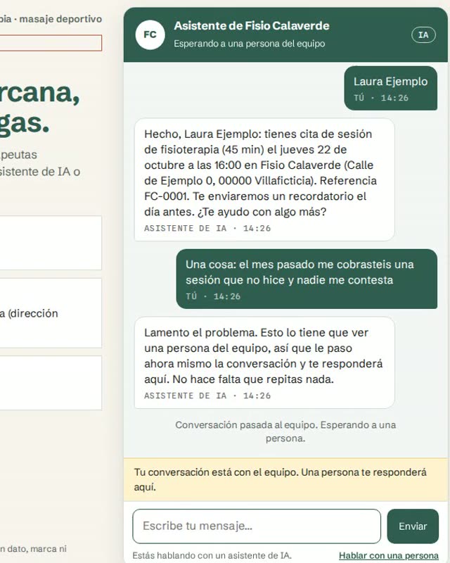 Chat de un asistente de IA que ha pasado la conversación a una persona del equipo, en una clínica de fisioterapia ficticia