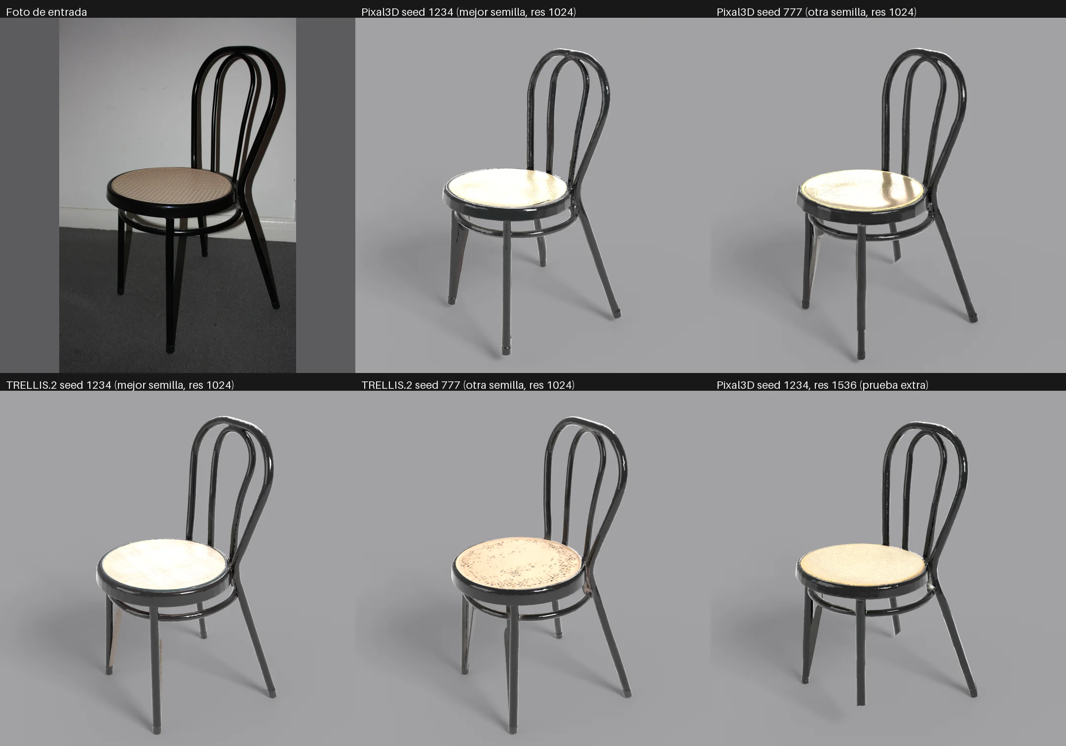 Hoja comparativa: foto de una silla negra con forma Thonet nº 14, junto a cinco renders 3D generados con IA. Todas recuperan el aro del respaldo y las cuatro patas; el asiento sale como un plato liso sin rejilla.