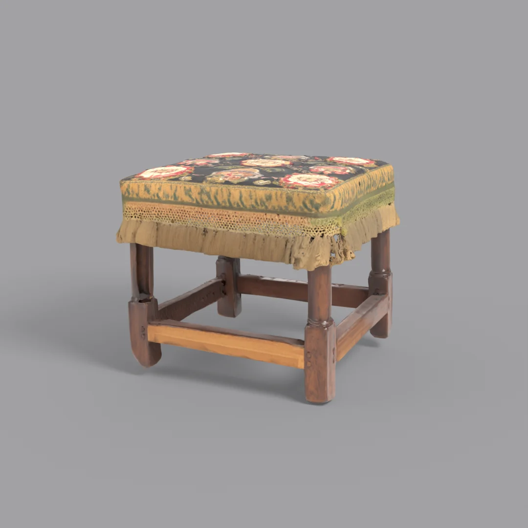 Render trasero del taburete: el travesaño oculto sale de madera clara y el fleco oculto, mostaza