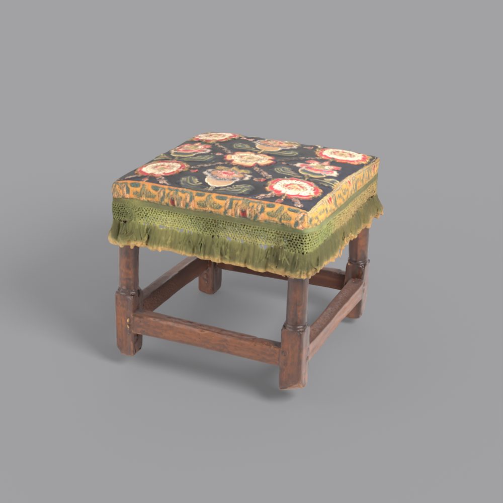 Modelo 3D de un taburete de nogal con asiento bordado, generado con IA a partir de una foto